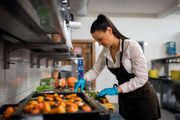 Eine professionelle Köchin bei der Arbeit an ihren Gerichten in einer Restaurantküche. - HPIF08910