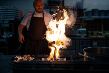 A professional chef preparing meal, flambing indoors in restaurant kitchen. - HPIF08926