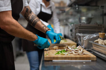 Ein nicht zu erkennender Koch mit Handschuhen schneidet in einer Restaurantküche Gemüse. - HPIF08936