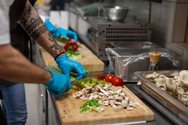 Ein nicht zu erkennender Koch mit Handschuhen schneidet in einer Restaurantküche Gemüse. - HPIF08937