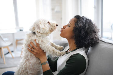 Ein Porträt einer glücklichen reifen Frau, die zu Hause sitzt und mit ihrem Hund spielt. - HPIF08976