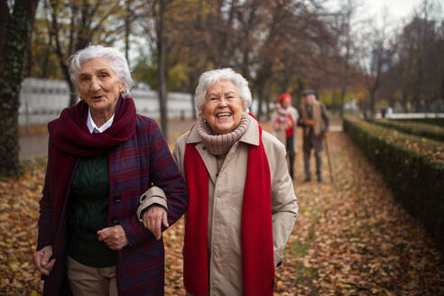 Happy senior women friends on a walk outdoors in town park in autumn, looking at camera. - HPIF09075