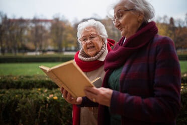 Glückliche ältere Frauen, die im Herbst im Stadtpark spazieren gehen, ein Buch lesen und sich unterhalten. - HPIF09081