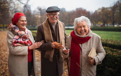 Eine Gruppe glücklicher älterer Freunde beim Spaziergang im Stadtpark im Herbst, die in die Kamera schauen. - HPIF09089