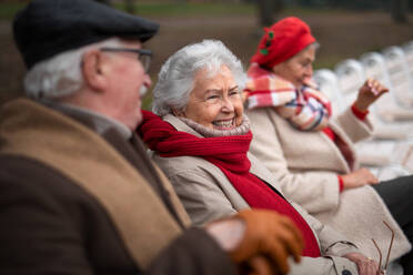 Eine Gruppe glücklicher älterer Freunde sitzt im Herbst auf einer Bank im Stadtpark. - HPIF09110