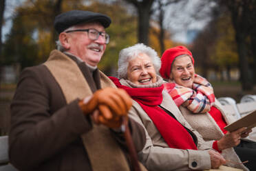 Eine Gruppe glücklicher älterer Freunde sitzt im Herbst auf einer Bank im Stadtpark und schaut in die Kamera. - HPIF09115