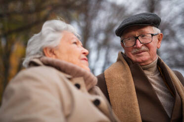 Low angle view of happy senior couple talking outdoors in park on cloudy autumn day. - HPIF09125