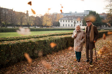 Senior friends on walk outdoors in a park on autumn day, copy space. - HPIF09134