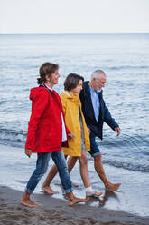 Seitenansicht eines älteren Paares, das mit seiner Enkelin im Teenageralter Händchen hält und am Sandstrand spazieren geht - HPIF09222