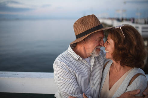 Porträt eines verliebten, glücklichen älteren Paares, das sich im Freien auf einem Pier am Meer umarmt und sich gegenseitig anschaut, Sommerurlaub. - HPIF09292