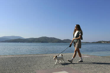 Frau mit Hund auf der Promenade an einem sonnigen Tag - SYEF00238