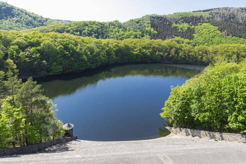 Germany, North Rhine Westphalia, Rursee lake and surrounding forest in spring - GWF07755