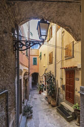 Italy, Liguria, Riomaggiore, Empty alley with street light in foreground - FOF13523