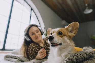 Dog sitting by woman listening to music at home - IEF00333