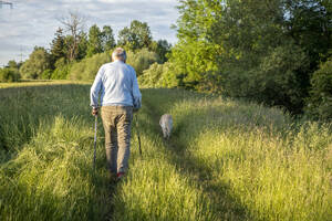 Älterer Mann mit Hund beim Spaziergang im Feld - MAMF02631