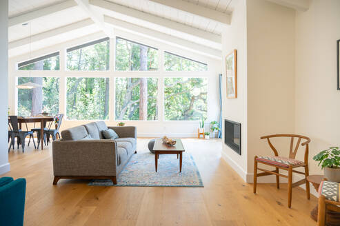 Sauberes, helles großes Zimmer mit Couch, Esszimmer und großen Fenstern - CAVF96614