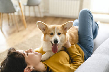 Smiling young woman hugging Pembroke Welsh Corgi on sofa in living room at home - VBUF00281