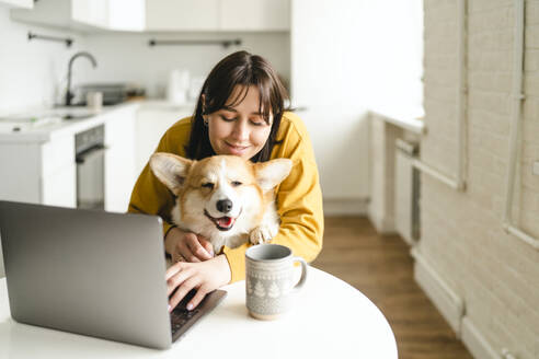 Lächelnde junge Frau mit Laptop und Pembroke Welsh Corgi zu Hause - VBUF00282