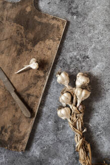 Roher Knoblauch, Schneidebrett und Küchenmesser liegen auf einer grauen Fläche - EVGF04294