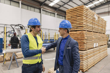 Mature engineers wearing hardhats doing handshake in factory - JCCMF09814