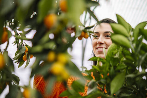 Lächelnde junge Frau, die in einem Gartencenter Früchte anfasst - AMWF01206