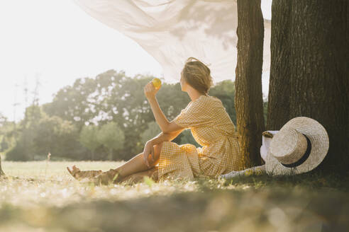 Frau sitzt mit Obst an einem Baumstamm im Park - NDEF00408