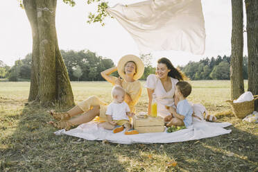 Glückliche Frauen, die mit ihren Söhnen auf einer Picknickdecke sitzen und sich im Park vergnügen - NDEF00414