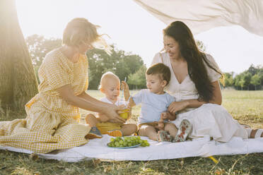 Glückliche Frauen sitzen mit ihren Söhnen beim Picknick und halten ein Glas Saft - NDEF00416