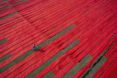 Aerial view of people working in a field stretching red cotton fabric rolls in Narsingdi, Dhaka, Bangladesh. - AAEF17358