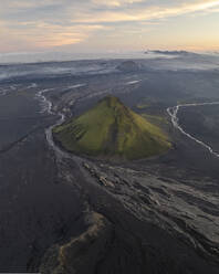 Aerial view of Maelifell mountain at sunset with valley landscape, Iceland. - AAEF17395