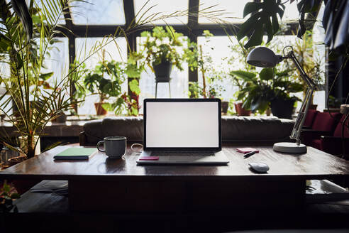 Laptop with blank screen on desk at loft office - BSZF02262