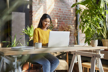 Geschäftsfrau mit Laptop am Schreibtisch inmitten von Pflanzen im Loftbüro - BSZF02311