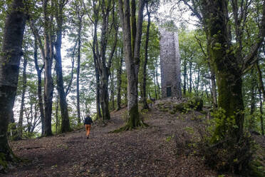 Ältere Frau geht in Richtung Monti Cimini Turm im Wald - MAMF02648