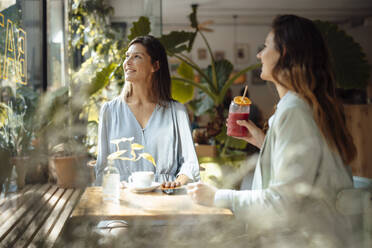 Friends looking through window in cafe - JOSEF17556