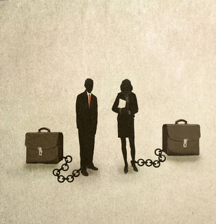 Trapped businessman and businesswoman chained with briefcases - GWAF00095