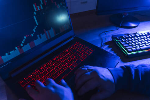 Hände eines Hackers, der eine beleuchtete Tastatur zu Hause benutzt - OSF01469