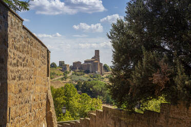 Italien, Latium, Tuscania, Blick auf die Kirche Chiesa di San Pietro im Sommer mit Mauern im Vordergund - MAMF02678