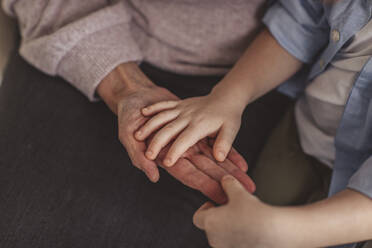 Grandson touching hand of senior woman at home - MDOF00880