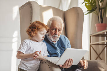 Großvater mit gemeinsamem Laptop in einem Sessel zu Hause sitzend - MDOF00884