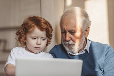 Älterer Mann teilt Laptop zu Hause - MDOF00885