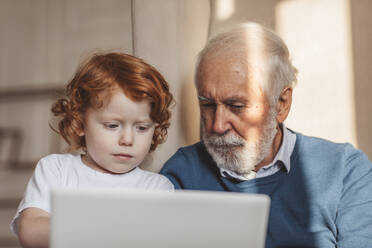 Senior man sharing laptop at home - MDOF00885