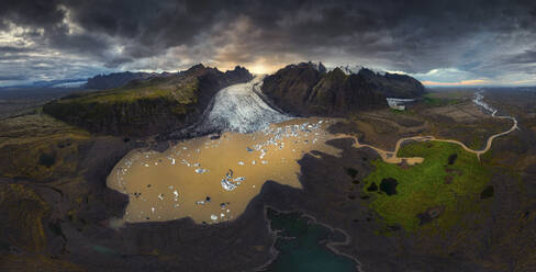 Panoramic aerial view of Skaftafell Glacier at sunset, Austurland, Iceland. - AAEF17607