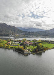Aerial view of Isella, a small village on Annone Lake, Lecco, Italy. - AAEF17642
