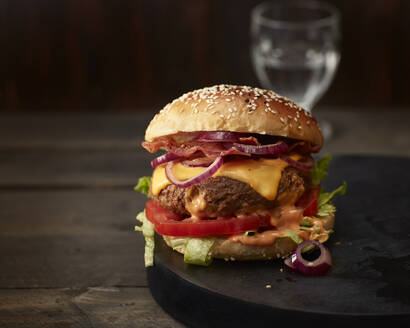 Studio shot of ready-to-eat hamburger - KSWF02355