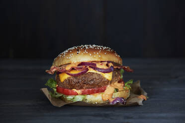 Studioaufnahme eines verzehrfertigen Hamburgers - KSWF02358