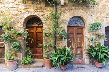 Italien, Toskana, Pienza, Pflanzen in Töpfen vor den Haustüren zweier nebeneinander stehender Häuser - FOF13618