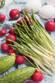 Ramson stems, cucumbers, red radishes and chicken eggs - ONAF00447