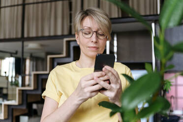 Frau mit Brille benutzt Smartphone zu Hause - VYF00955