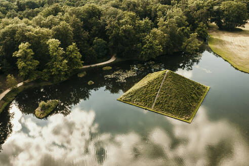 Pyramid amidst lake in Park Branitz, Cottbus, Germany - MJRF01006