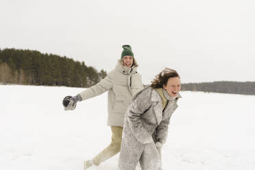 Glückliche Freunde, die sich im Schnee vergnügen - SEAF01851